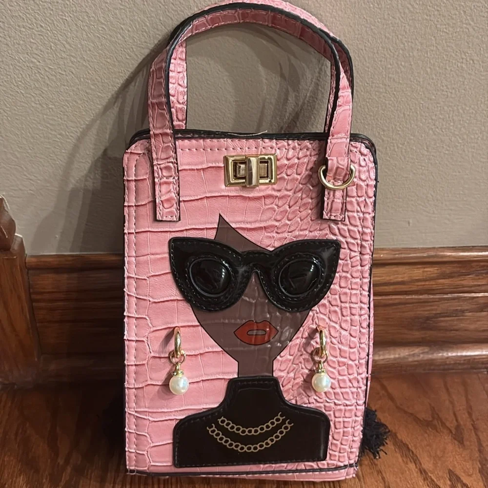 Pink SASSY CHIC LADY Bag with Face Design Adjustable size and crossbody handle